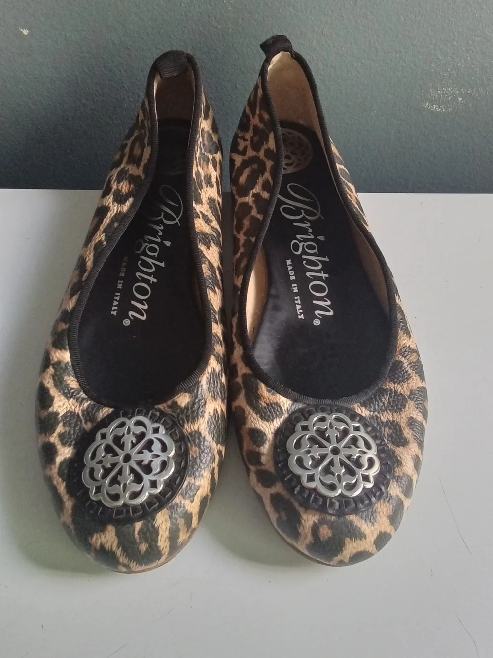 Brighton Aleta Leopard Print Leather Ballet Flats Silver Filigree Medallion 7.5M